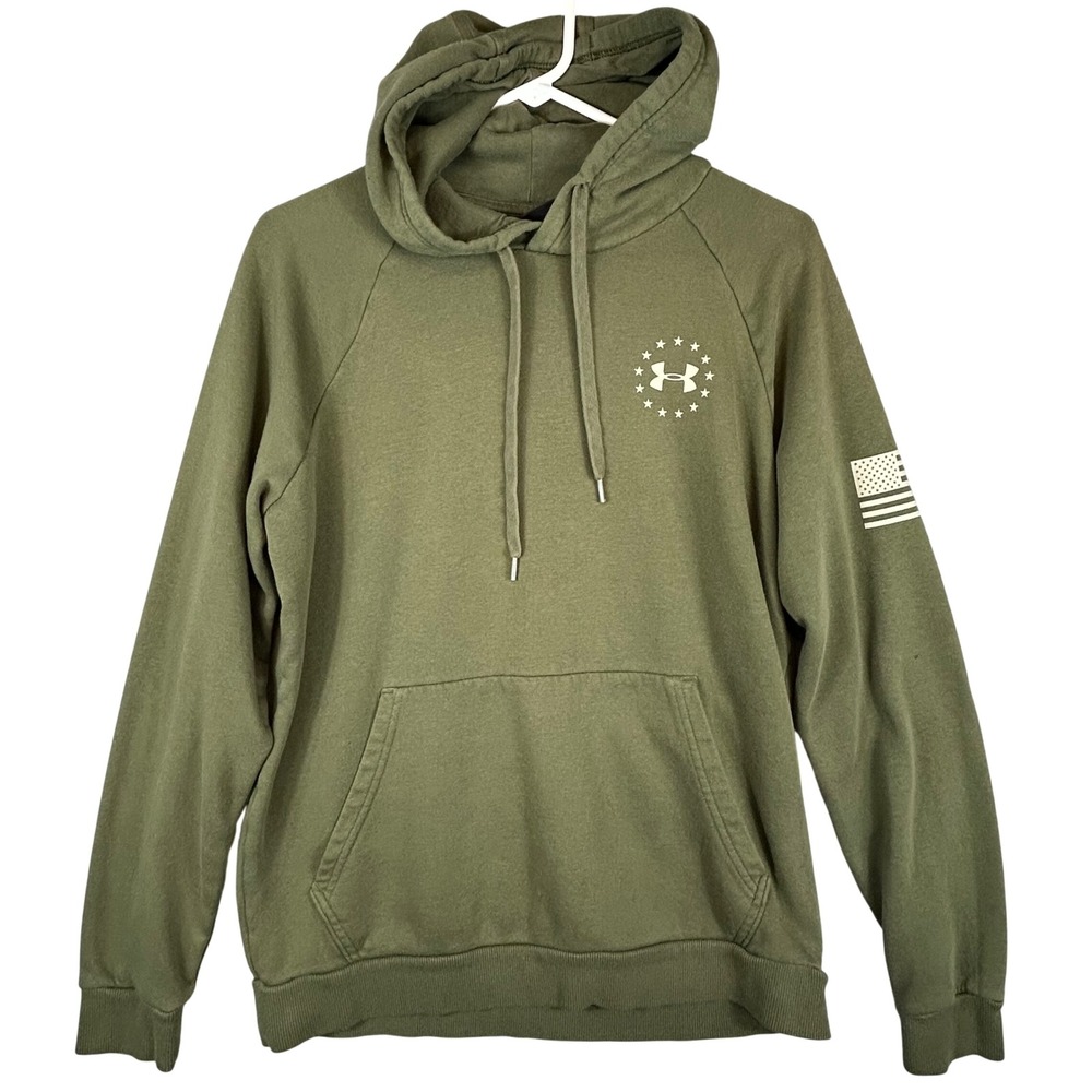 Under Armour Freedom‎ Hoodie Mens Medium Olive Green Fleece Flag Graphic *READ*
